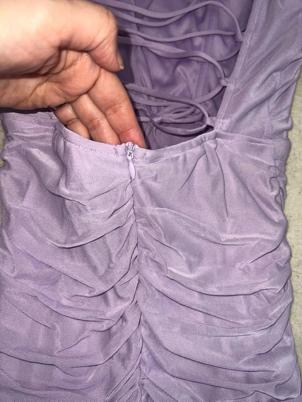 NWOT Lucy in the Sky Lavender Ruched Wrap Power Mesh Long Sleeve Mini Dress - Picture 11 of 12